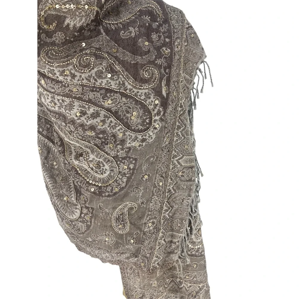 Gerard Darel Gabriella Paisley Wool Sequin Scarf Beige Taupe NWT